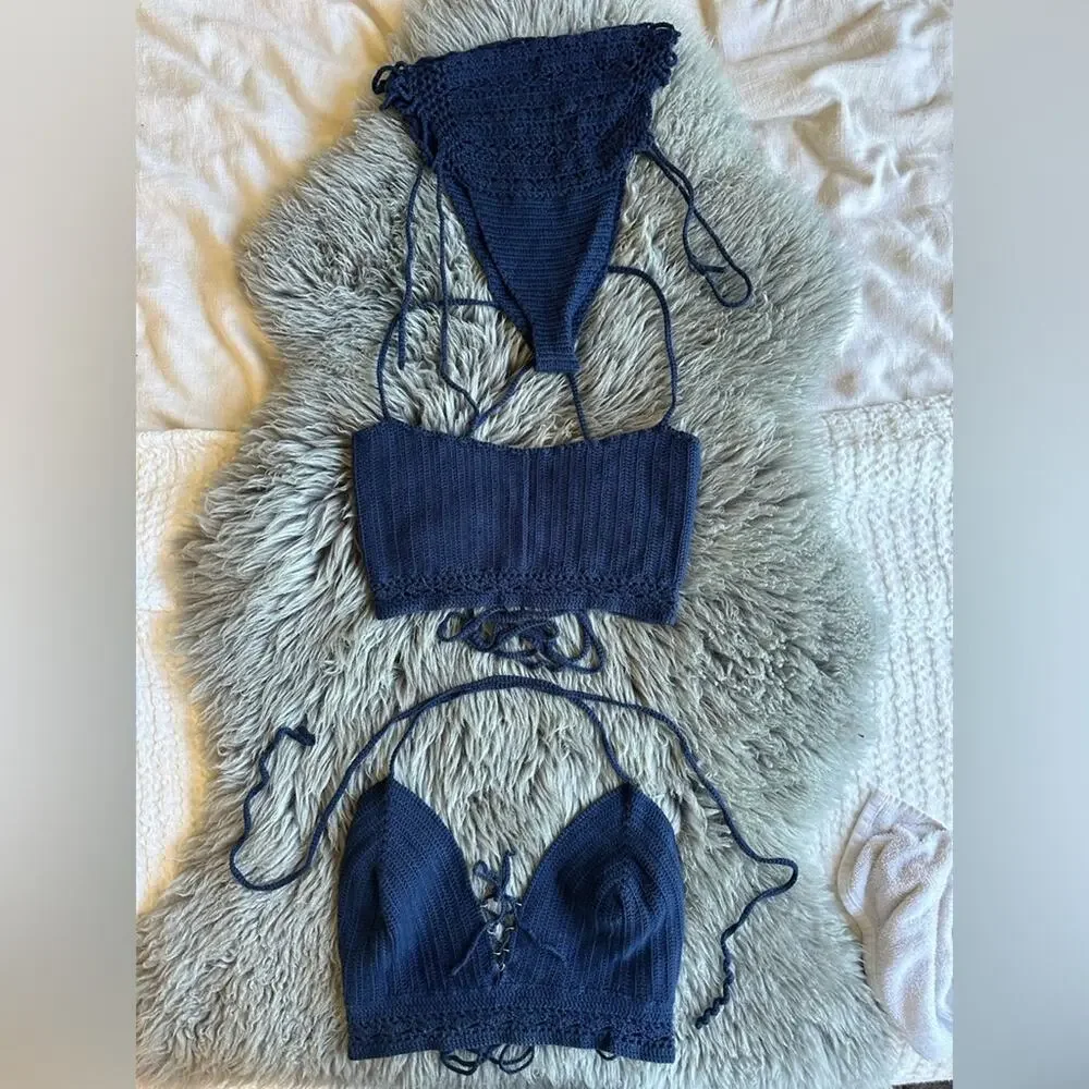 byleiyanasong Three piece hand crocheted swimsuit festival set in blue